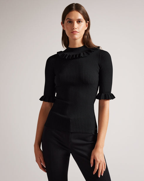 KATELLA-Knitwear-Made of stretchy knit, KATELLA is the perfect statement top to take you from season to season in style. With an oh-so-cute ruffle trim and a super soft feel, this fitted top is sure to become your new go-to. Ted Baker womenswear collection Fitted top Stretch fabric High neck Neck ruffle Ribbed knit Short sleeves with ruffle trim Amy is 5'9.5" / 1.77m and wears Black in a Ted size 1- Ted Baker Romania